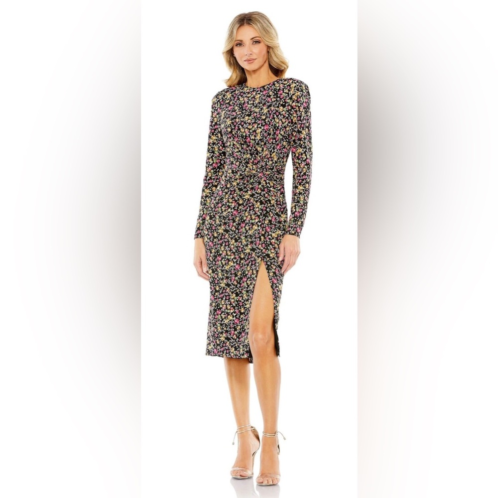 Ieena For Mac Duggal Size 8 Floral Knot Waist Slit Jersey Midi Dress NWT